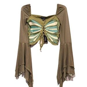 Current Mood ENDLESS SUMMER BELL SLEEVE TOP - GREEN Lace-up Festival Rave Sz XXS